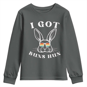 Rabbit Easter Bunny Sunglasses Youth Sweatshirt Retro Vintage I Got Buns Hun Funny Jokes TS10 Dark Heather Print Your Wear
