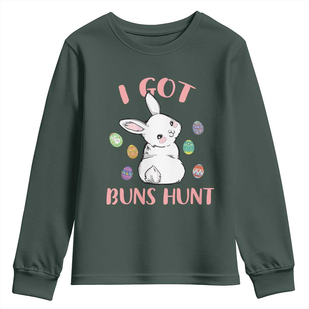 Rabbit Easter Bunny Sunglasses Youth Sweatshirt I Got Buns Hun Funny Jokes TS10 Dark Forest Green Print Your Wear