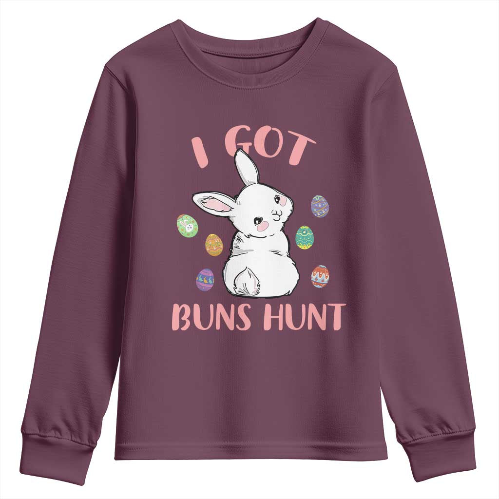 Rabbit Easter Bunny Sunglasses Youth Sweatshirt I Got Buns Hun Funny Jokes TS10 Maroon Print Your Wear