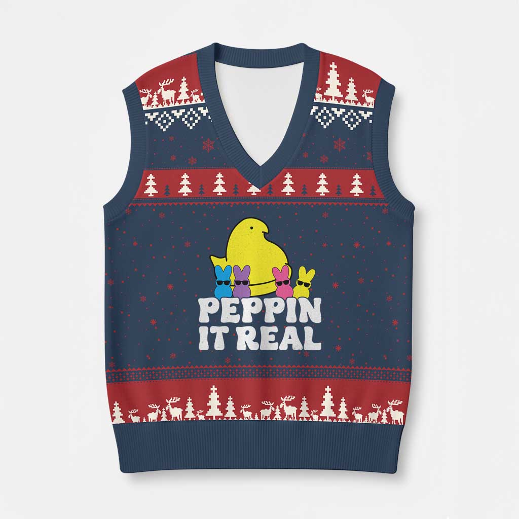 Easter Bunny V-Neck Knit Sweater Vest Peepin It Real Rabbit Candy Easter TS10 Navy Red Print Your Wear