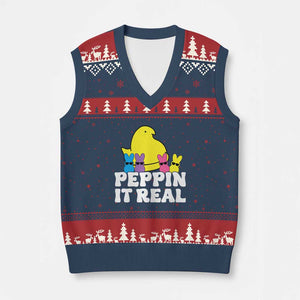 Easter Bunny V-Neck Knit Sweater Vest Peepin It Real Rabbit Candy Easter TS10 Navy Red Print Your Wear