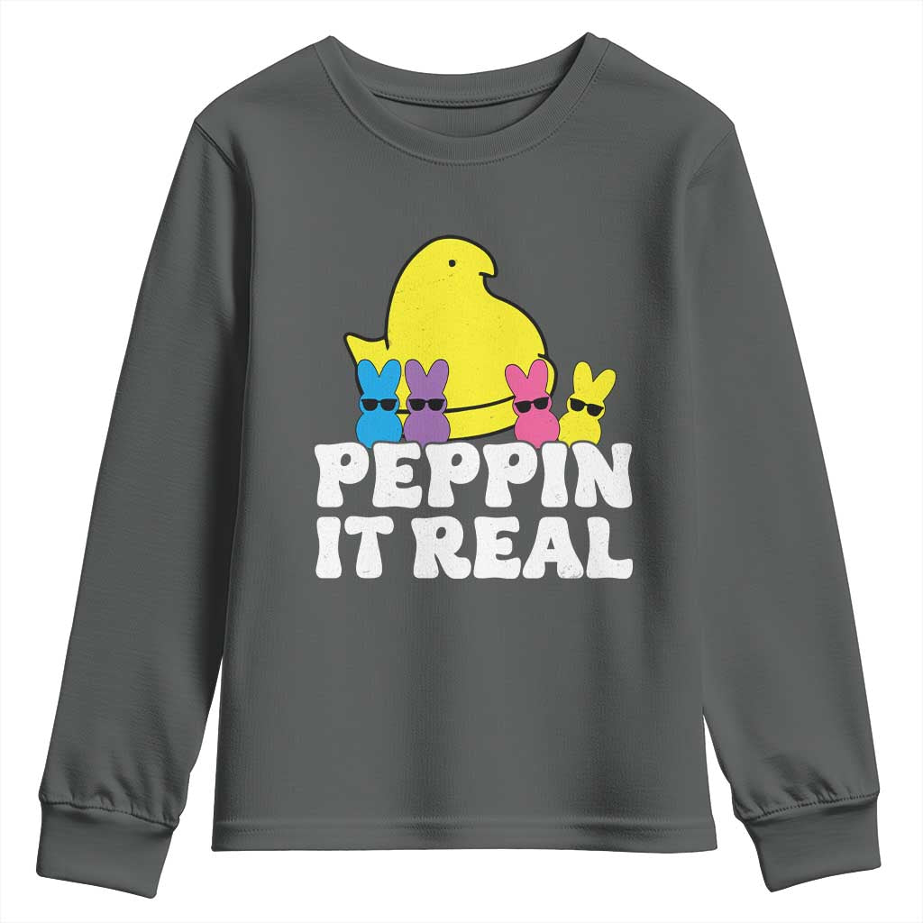 Easter Bunny Youth Sweatshirt Peepin It Real Rabbit Candy Easter TS10 Dark Heather Print Your Wear