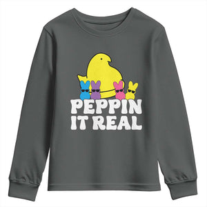 Easter Bunny Youth Sweatshirt Peepin It Real Rabbit Candy Easter TS10 Dark Heather Print Your Wear