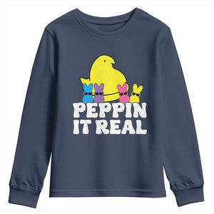 Easter Bunny Youth Sweatshirt Peepin It Real Rabbit Candy Easter TS10 Navy Print Your Wear