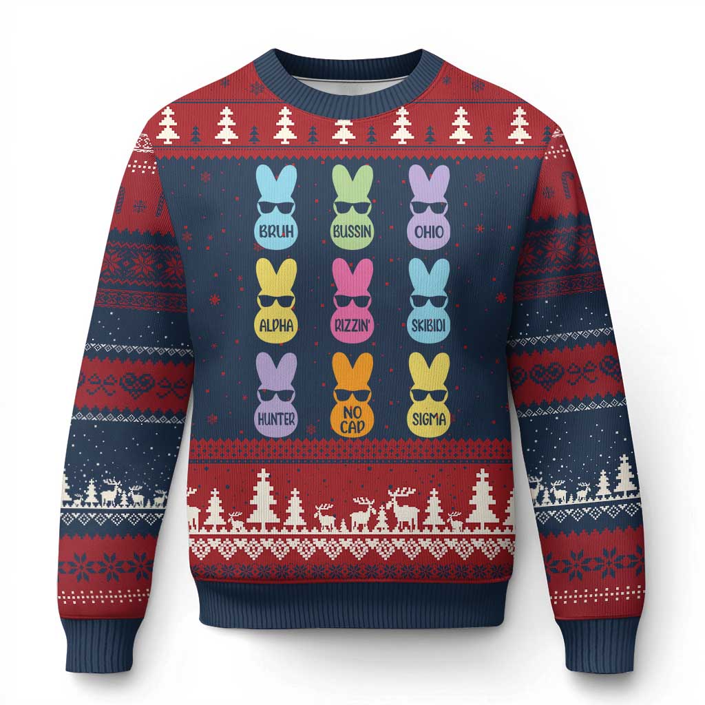Easter Bruh Ugly Christmas Sweater Gen Alpha Slang Skibidi Rizz Cute Bunny TS10 Navy Red Print Your Wear