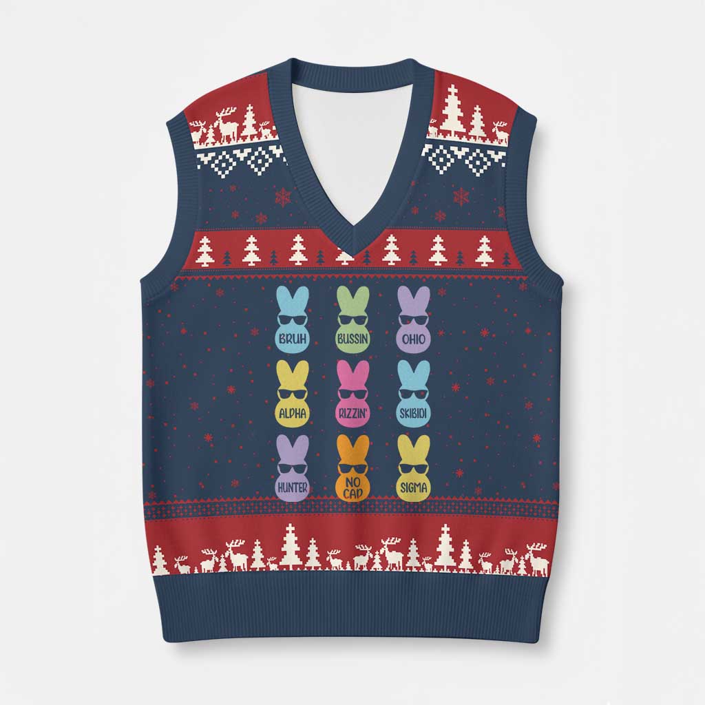Easter Bruh V-Neck Knit Sweater Vest Gen Alpha Slang Skibidi Rizz Cute Bunny TS10 Navy Red Print Your Wear
