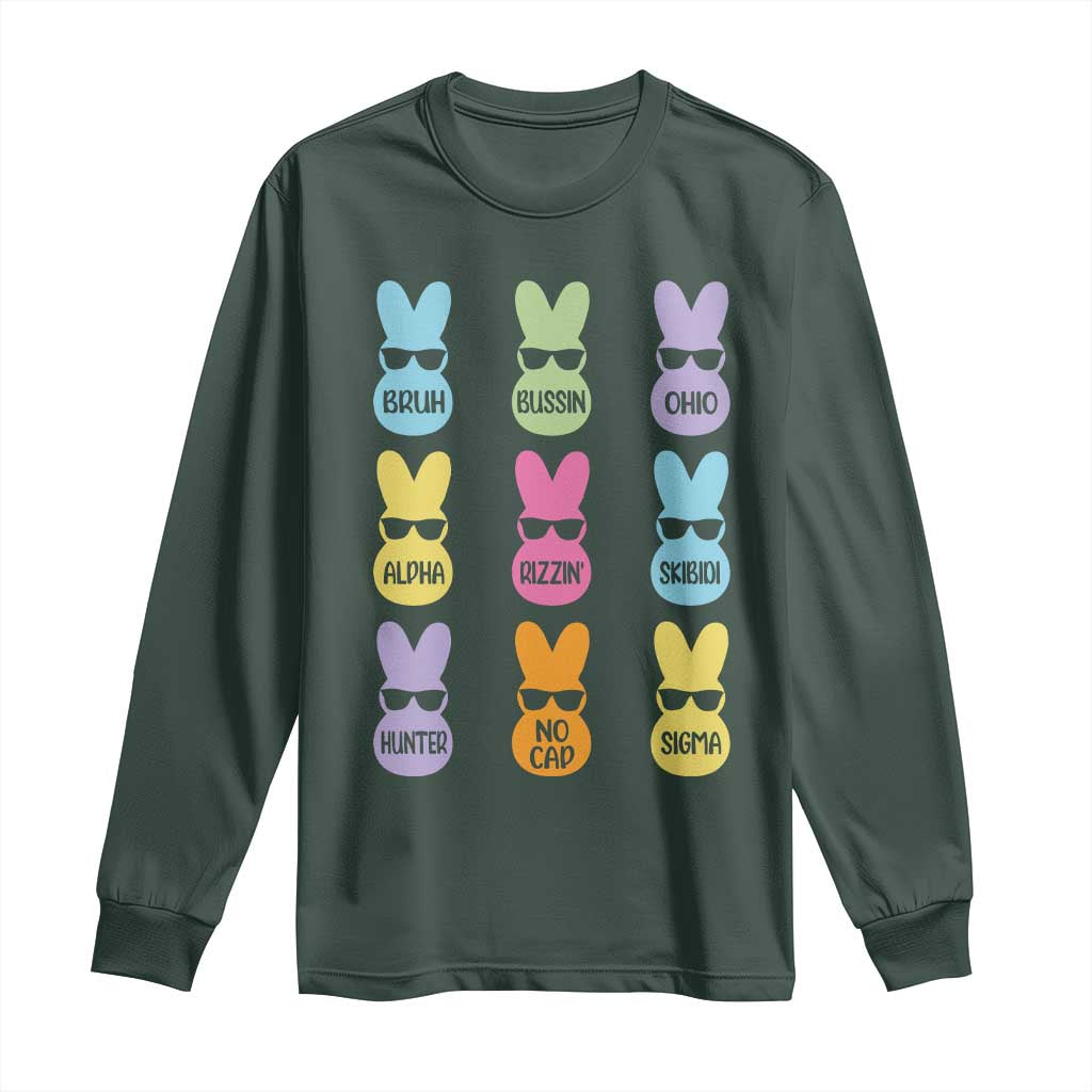 Easter Bruh Long Sleeve Shirt Gen Alpha Slang Skibidi Rizz Cute Bunny TS10 Dark Forest Green Print Your Wear