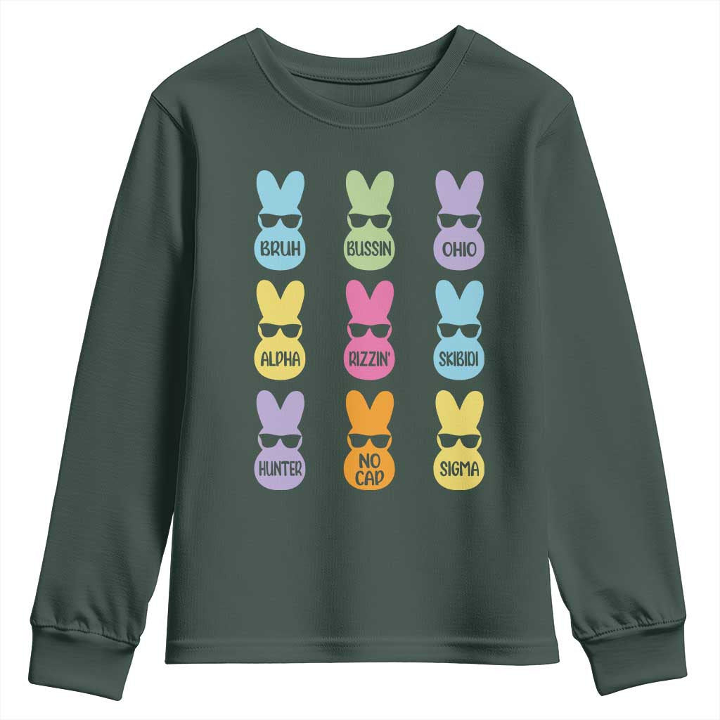 Easter Bruh Youth Sweatshirt Gen Alpha Slang Skibidi Rizz Cute Bunny TS10 Dark Forest Green Print Your Wear