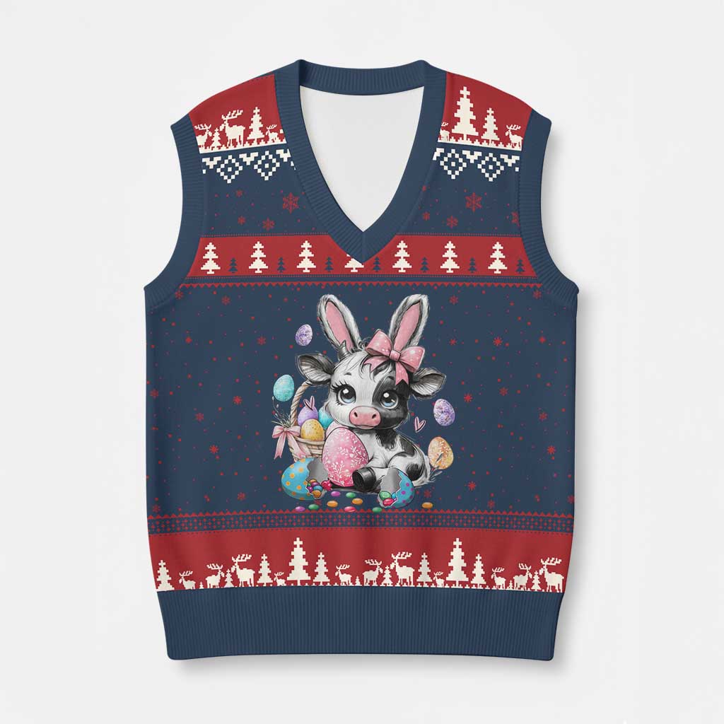 Easter Day Cow V-Neck Knit Sweater Vest Cute Cow Bunny Heifer TS10 Navy Red Print Your Wear