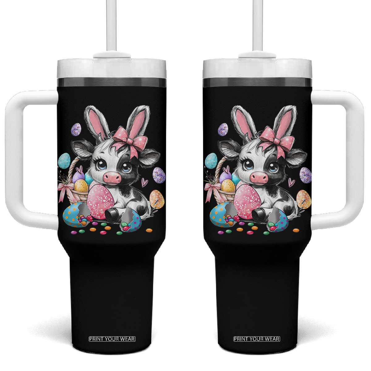Easter Day Cow Tumbler With Handle Cute Cow Bunny Heifer TS10 One Size: 40 oz Black Print Your Wear