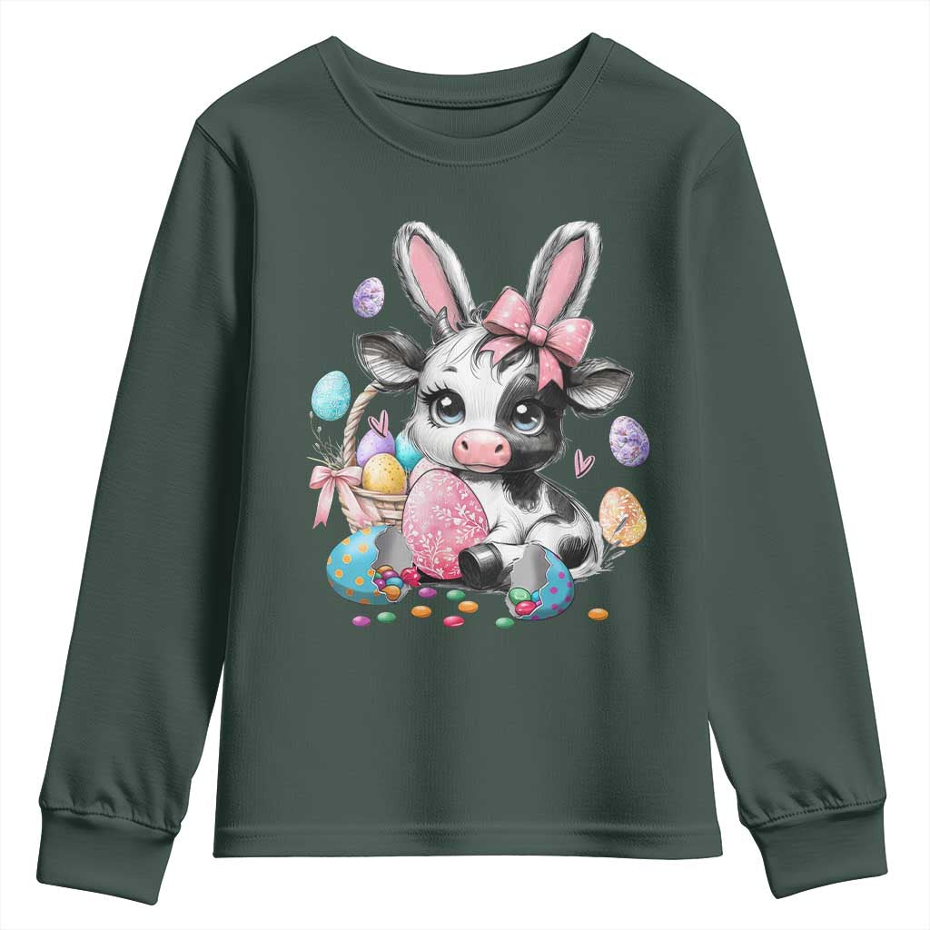 Easter Day Cow Youth Sweatshirt Cute Cow Bunny Heifer TS10 Dark Forest Green Print Your Wear