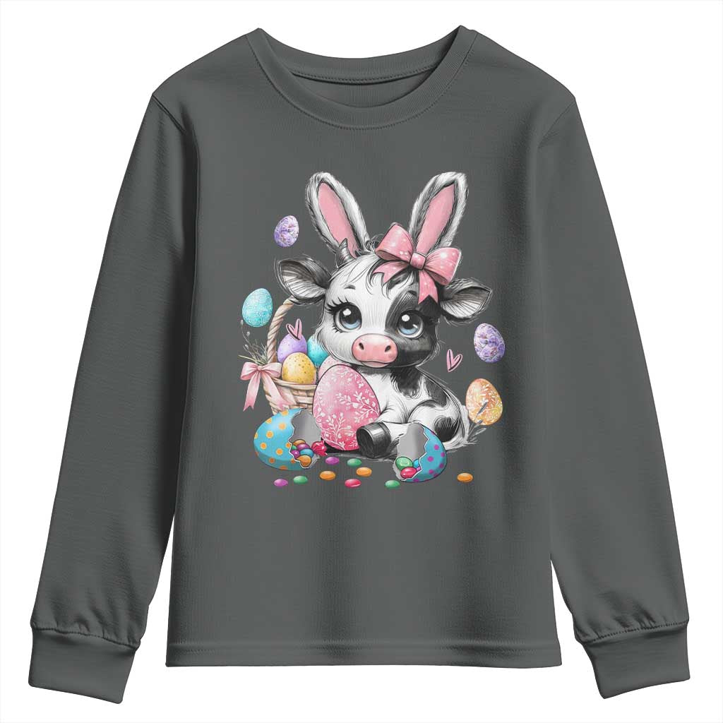 Easter Day Cow Youth Sweatshirt Cute Cow Bunny Heifer TS10 Dark Heather Print Your Wear