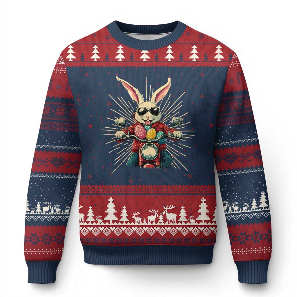 Biker Bunny Ugly Christmas Sweater Retro Easter Day Rabbit Ride Motorcycles Motorbike TS10 Navy Red Print Your Wear