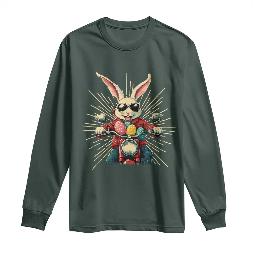 Biker Bunny Long Sleeve Shirt Retro Easter Day Rabbit Ride Motorcycles Motorbike TS10 Dark Forest Green Print Your Wear