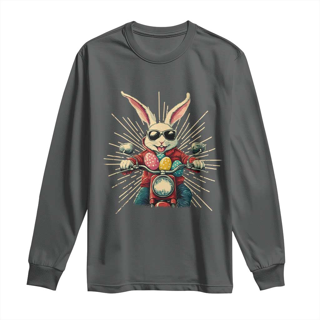 Biker Bunny Long Sleeve Shirt Retro Easter Day Rabbit Ride Motorcycles Motorbike TS10 Dark Heather Print Your Wear