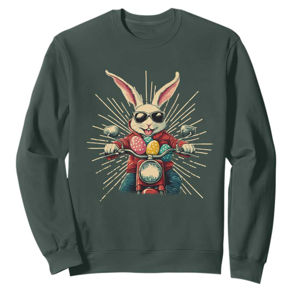 Biker Bunny Sweatshirt Retro Easter Day Rabbit Ride Motorcycles Motorbike TS10 Dark Forest Green Print Your Wear