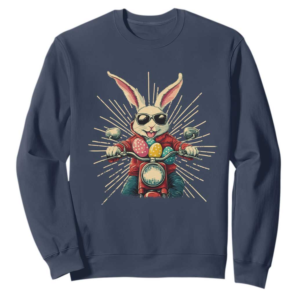 Biker Bunny Sweatshirt Retro Easter Day Rabbit Ride Motorcycles Motorbike TS10 Navy Print Your Wear