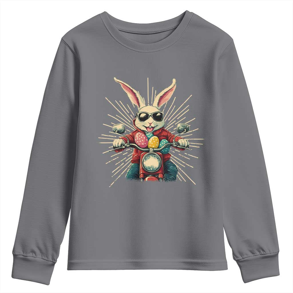 Biker Bunny Youth Sweatshirt Retro Easter Day Rabbit Ride Motorcycles Motorbike TS10 Charcoal Print Your Wear