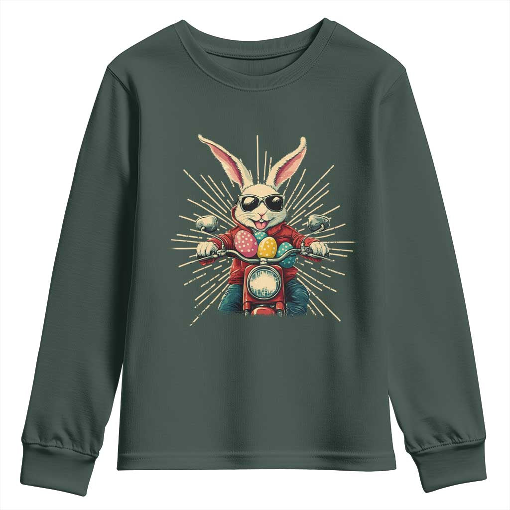 Biker Bunny Youth Sweatshirt Retro Easter Day Rabbit Ride Motorcycles Motorbike TS10 Dark Forest Green Print Your Wear
