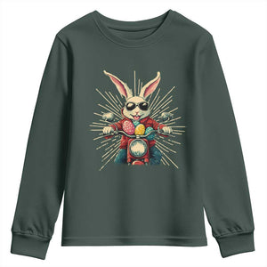 Biker Bunny Youth Sweatshirt Retro Easter Day Rabbit Ride Motorcycles Motorbike TS10 Dark Forest Green Print Your Wear