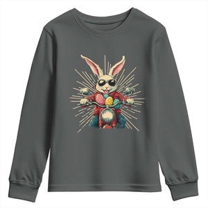 Biker Bunny Youth Sweatshirt Retro Easter Day Rabbit Ride Motorcycles Motorbike TS10 Dark Heather Print Your Wear