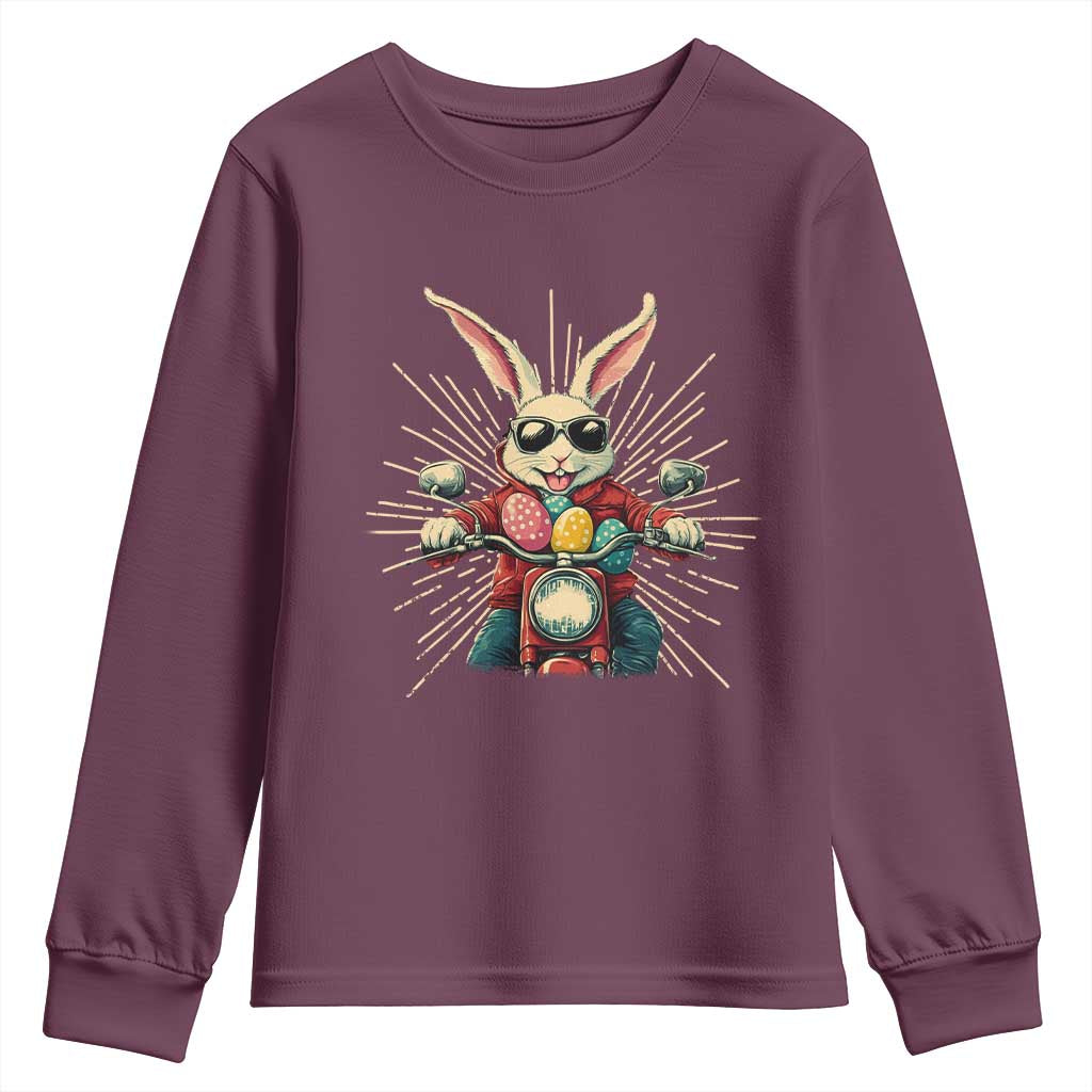 Biker Bunny Youth Sweatshirt Retro Easter Day Rabbit Ride Motorcycles Motorbike TS10 Maroon Print Your Wear
