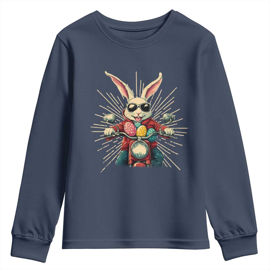 Biker Bunny Youth Sweatshirt Retro Easter Day Rabbit Ride Motorcycles Motorbike TS10 Navy Print Your Wear