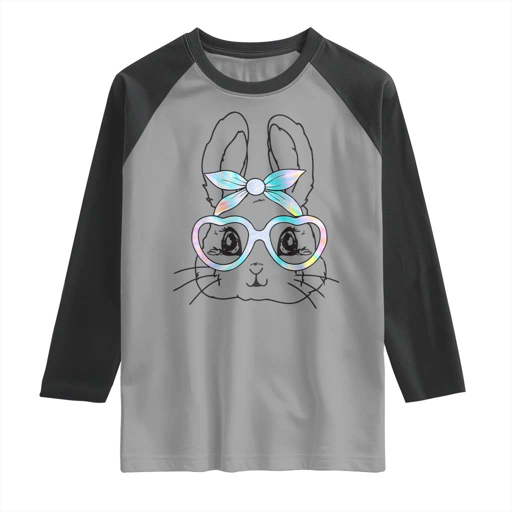 Girls Easter Bunny Raglan Shirt Rabbit Face Tie Dye Glasses Happy Easter Day TS10 Sport Gray Black Print Your Wear