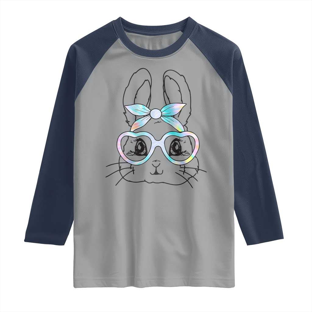 Girls Easter Bunny Raglan Shirt Rabbit Face Tie Dye Glasses Happy Easter Day TS10 Sport Gray Navy Print Your Wear