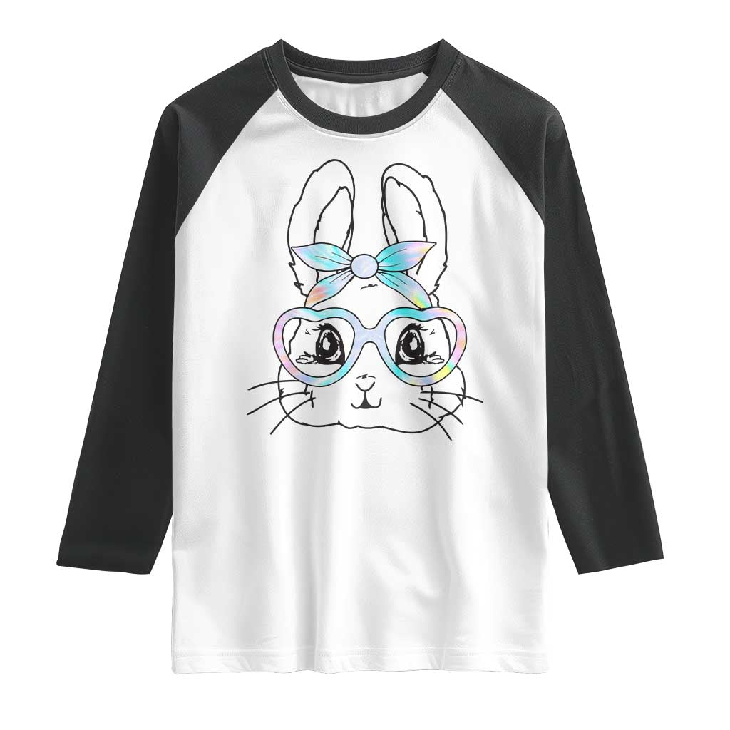 Girls Easter Bunny Raglan Shirt Rabbit Face Tie Dye Glasses Happy Easter Day TS10 White Black Print Your Wear