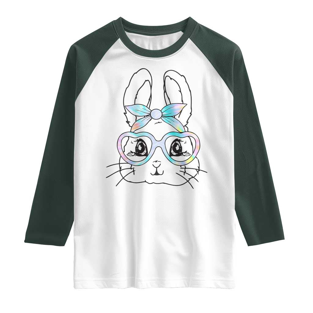 Girls Easter Bunny Raglan Shirt Rabbit Face Tie Dye Glasses Happy Easter Day TS10 White Dark Forest Green Print Your Wear