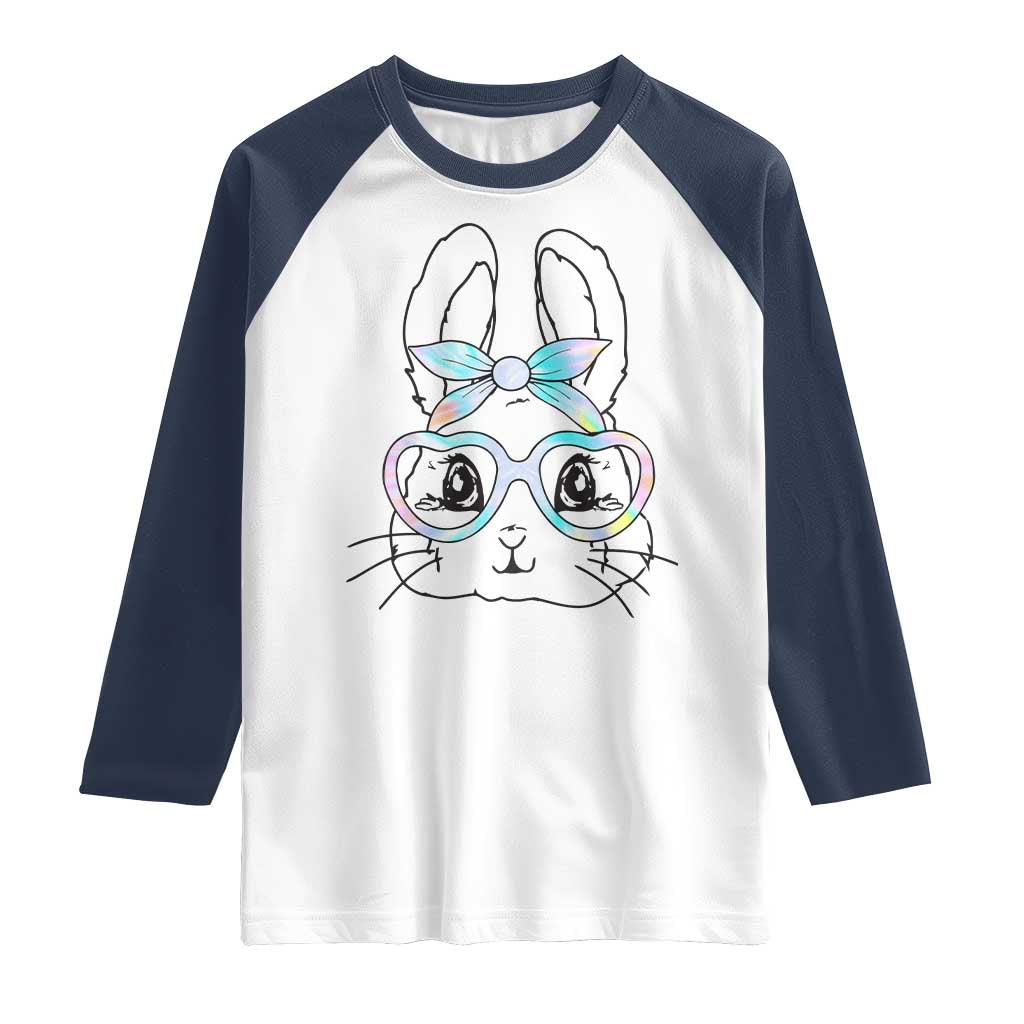 Girls Easter Bunny Raglan Shirt Rabbit Face Tie Dye Glasses Happy Easter Day TS10 White Navy Print Your Wear