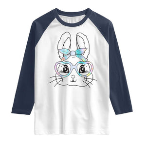Girls Easter Bunny Raglan Shirt Rabbit Face Tie Dye Glasses Happy Easter Day TS10 White Navy Print Your Wear