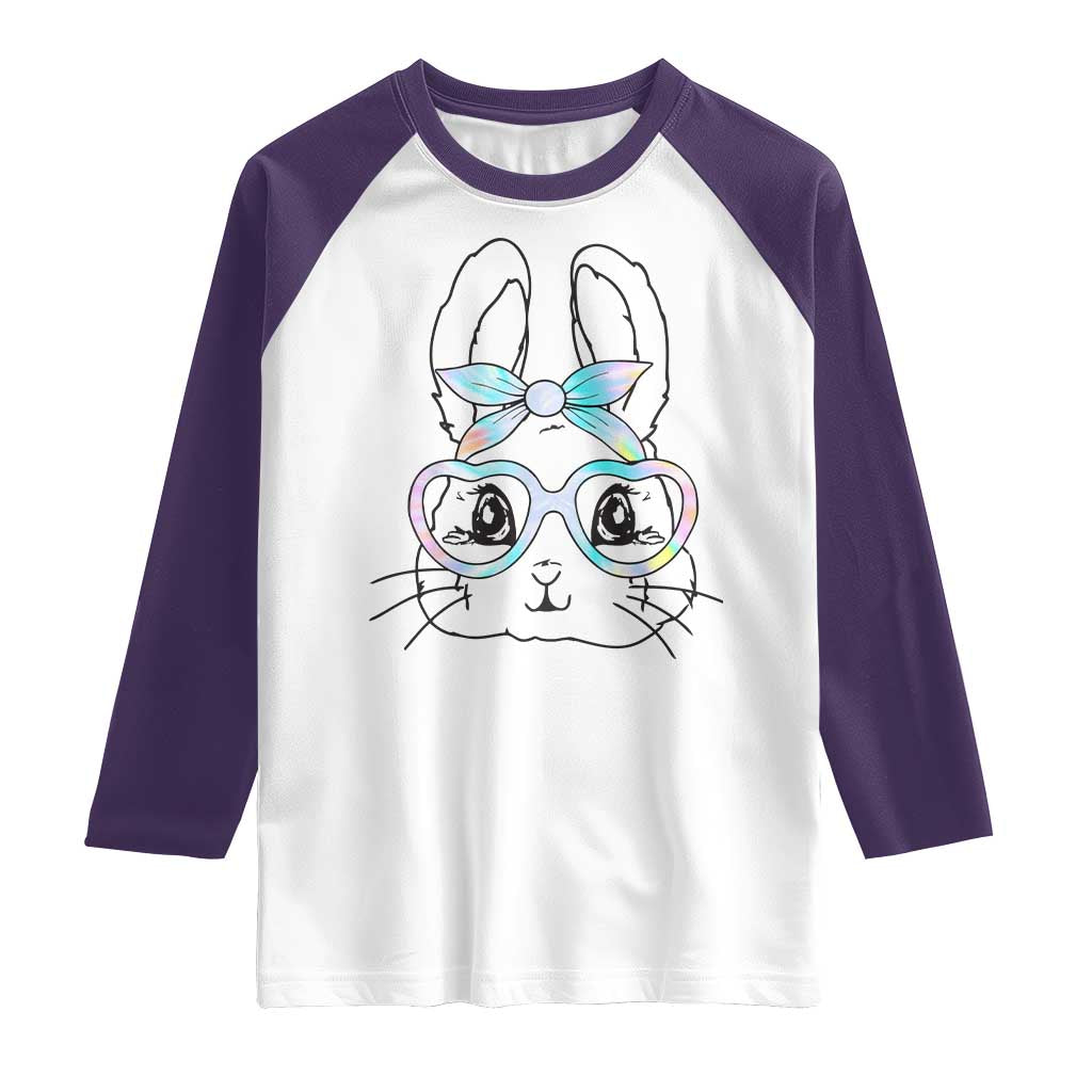 Girls Easter Bunny Raglan Shirt Rabbit Face Tie Dye Glasses Happy Easter Day TS10 White Purple Print Your Wear