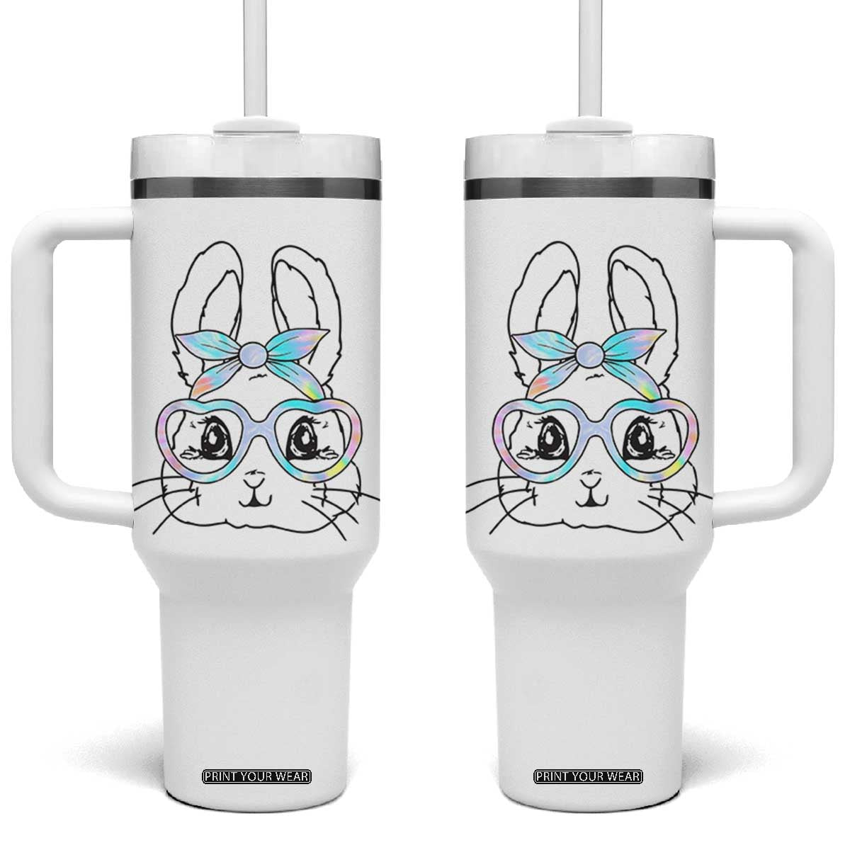 Girls Easter Bunny Tumbler With Handle Rabbit Face Tie Dye Glasses Happy Easter Day TS10 One Size: 40 oz White Print Your Wear