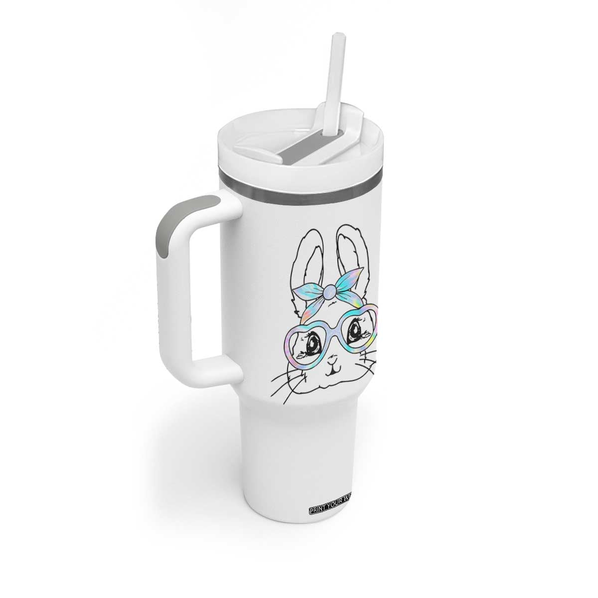 Girls Easter Bunny Tumbler With Handle Rabbit Face Tie Dye Glasses Happy Easter Day TS10 Print Your Wear