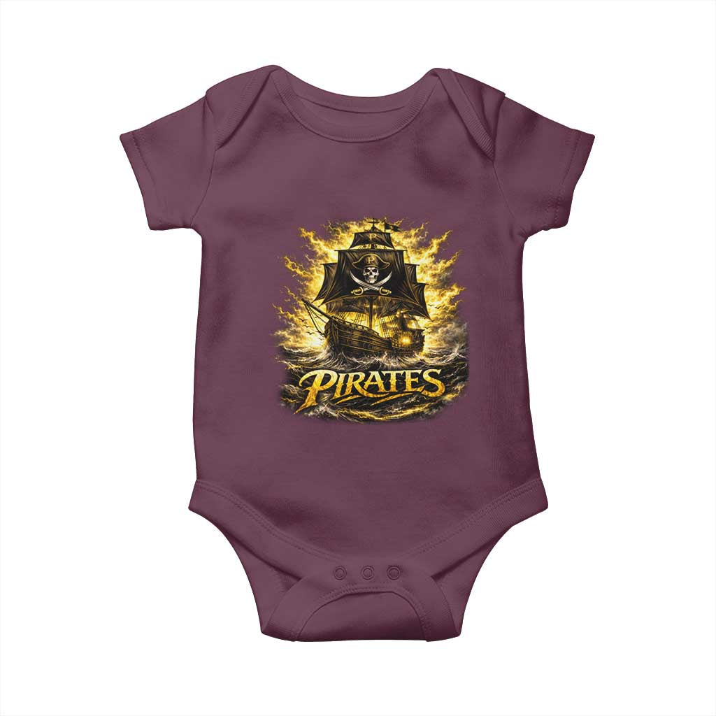 Pirate Lovers Baby Onesie Vintage Golden Pirate Ship Skull Graphic TS10 Maroon Print Your Wear