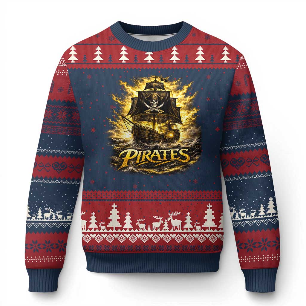Pirate Lovers Ugly Christmas Sweater Vintage Golden Pirate Ship Skull Graphic TS10 Navy Red Print Your Wear