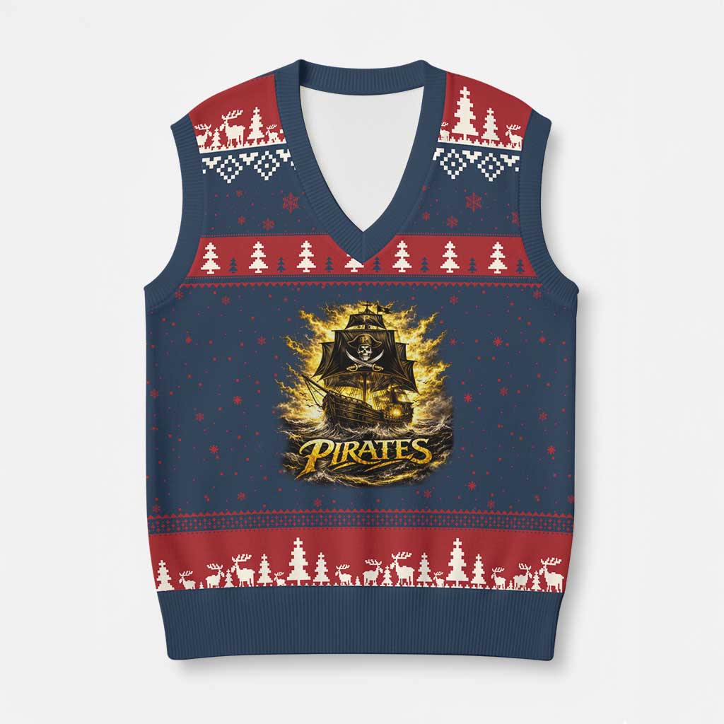 Pirate Lovers V-Neck Knit Sweater Vest Vintage Golden Pirate Ship Skull Graphic TS10 Navy Red Print Your Wear