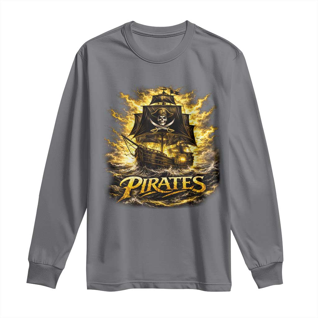 Pirate Lovers Long Sleeve Shirt Vintage Golden Pirate Ship Skull Graphic TS10 Charcoal Print Your Wear