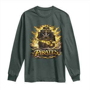 Pirate Lovers Long Sleeve Shirt Vintage Golden Pirate Ship Skull Graphic TS10 Dark Forest Green Print Your Wear