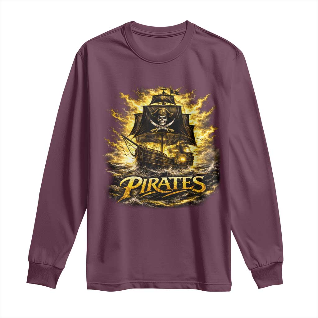 Pirate Lovers Long Sleeve Shirt Vintage Golden Pirate Ship Skull Graphic TS10 Maroon Print Your Wear