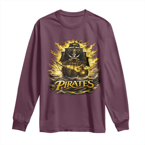 Pirate Lovers Long Sleeve Shirt Vintage Golden Pirate Ship Skull Graphic TS10 Maroon Print Your Wear