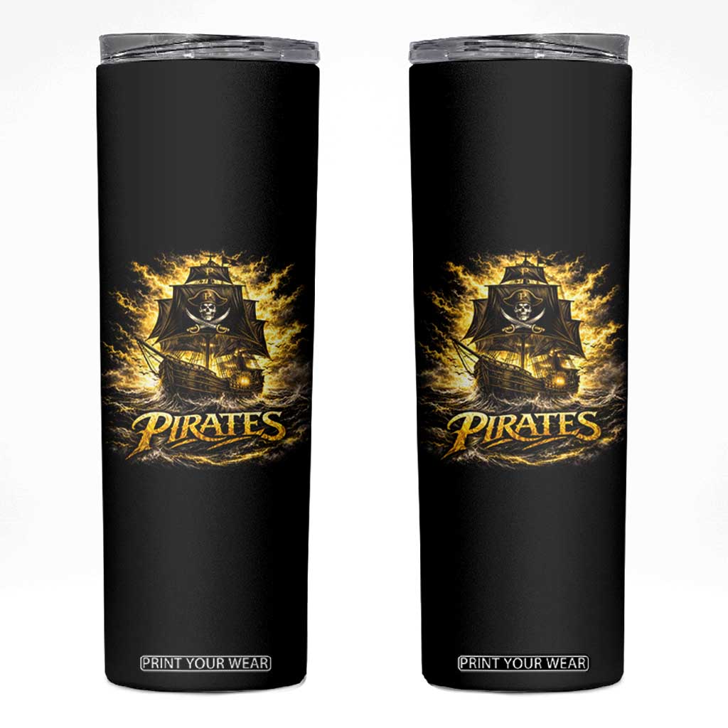 Pirate Lovers Skinny Tumbler Vintage Golden Pirate Ship Skull Graphic TS10 Black Print Your Wear