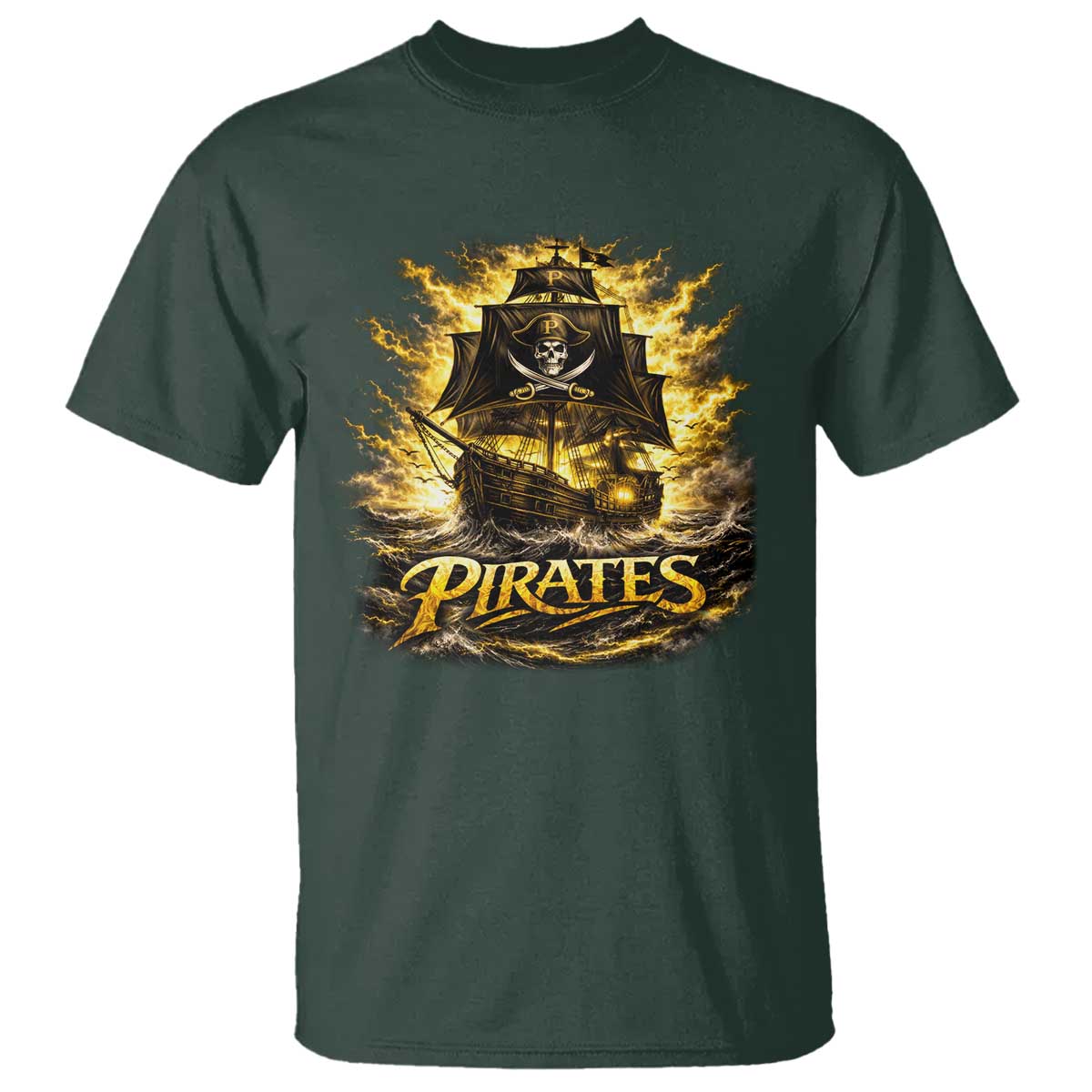 Pirate Lovers T Shirt Vintage Golden Pirate Ship Skull Graphic TS10 Dark Forest Green Print Your Wear