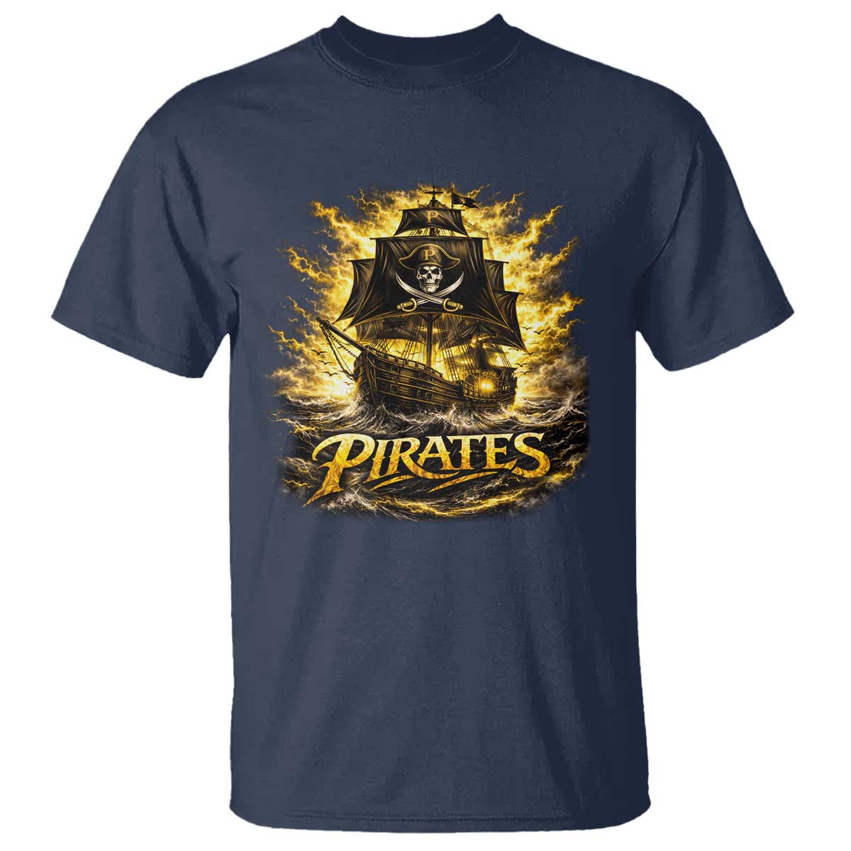 Pirate Lovers T Shirt Vintage Golden Pirate Ship Skull Graphic TS10 Navy Print Your Wear