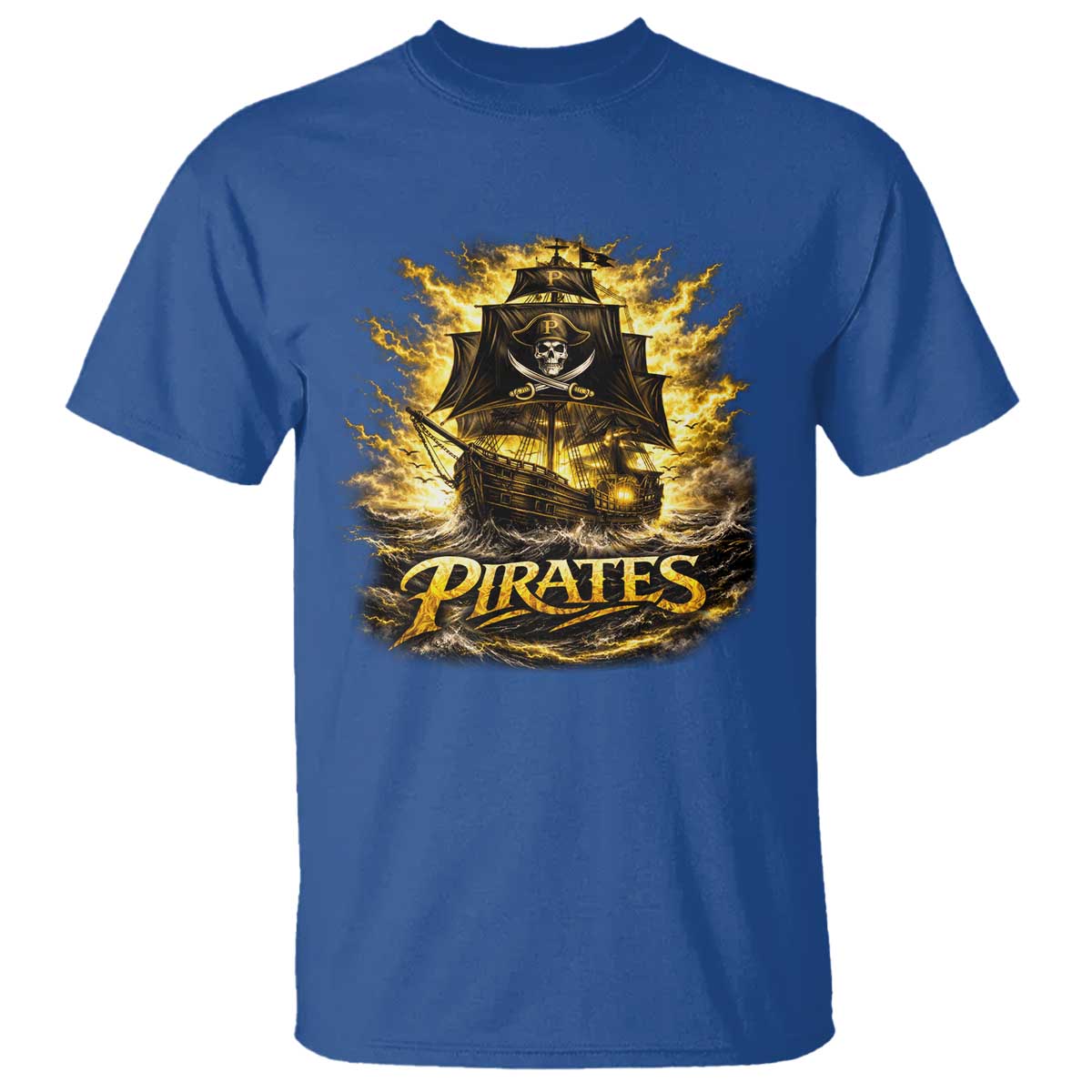 Pirate Lovers T Shirt Vintage Golden Pirate Ship Skull Graphic TS10 Royal Blue Print Your Wear