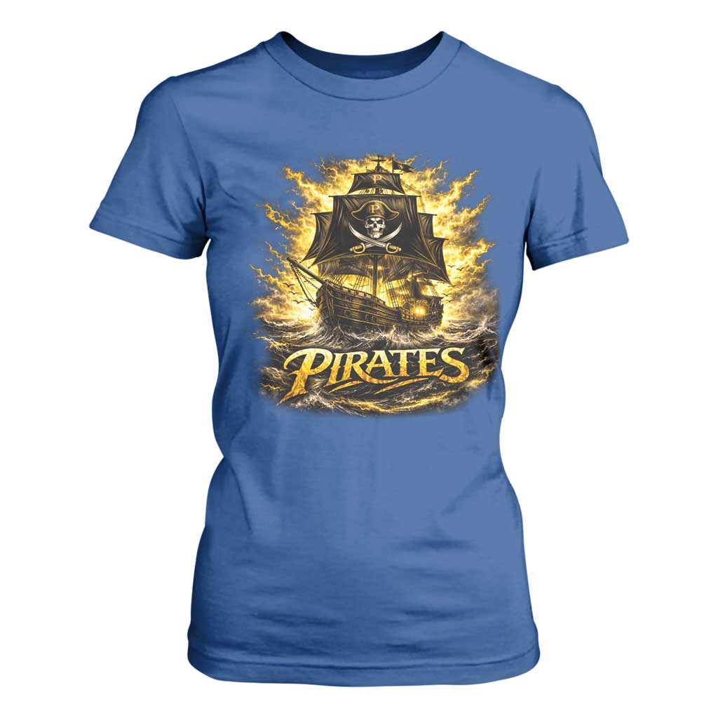 Pirate Lovers T Shirt For Women Vintage Golden Pirate Ship Skull Graphic TS10 Royal Blue Print Your Wear