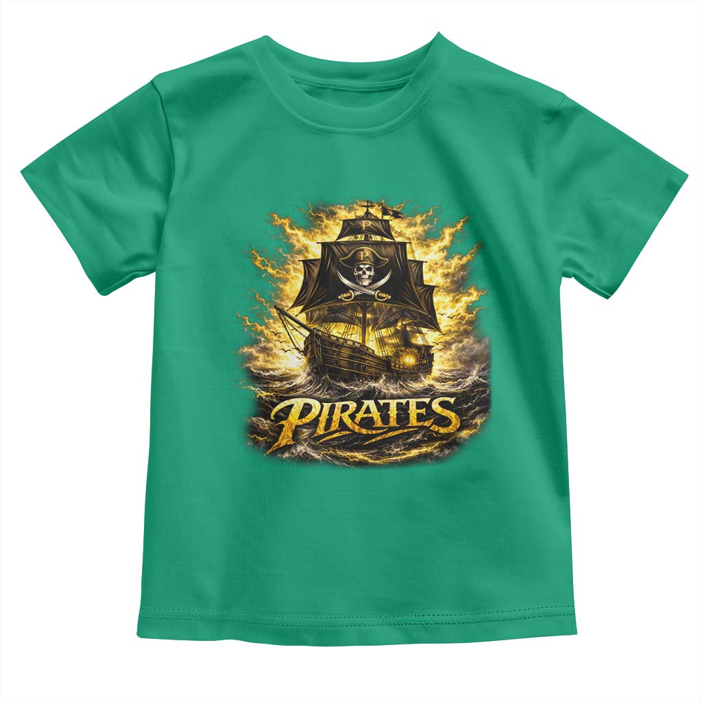 Pirate Lovers Toddler T Shirt Vintage Golden Pirate Ship Skull Graphic TS10 Irish Green Print Your Wear