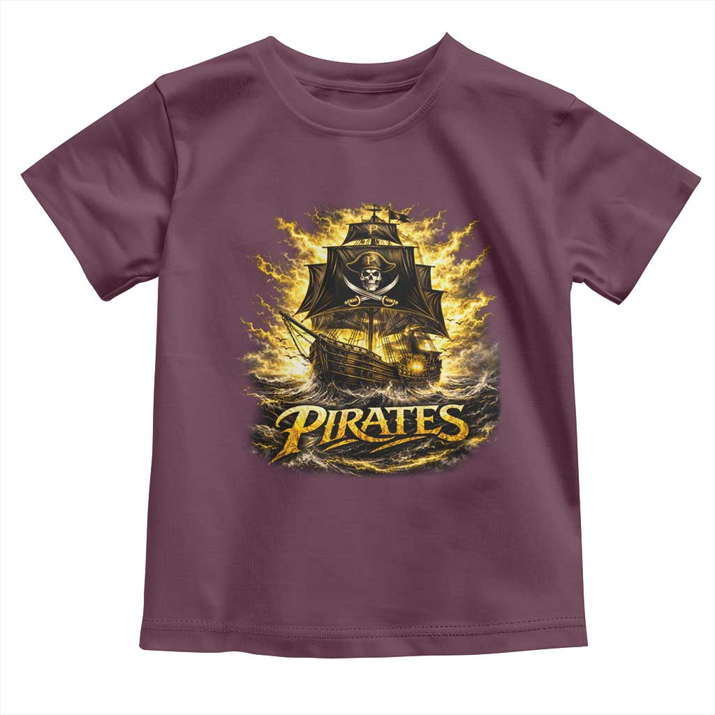 Pirate Lovers Toddler T Shirt Vintage Golden Pirate Ship Skull Graphic TS10 Maroon Print Your Wear
